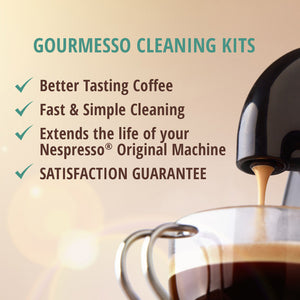 გურმესო - საწმენდი საშუალებების ნაკრები - კალკის საწინააღმდეგო ხსნარი + საწმენდი კაფსულა - ნესპრესოს ორიგინალი და 37 მმ დიამეტრი კაფსულის ყავის აპარატებისთვის