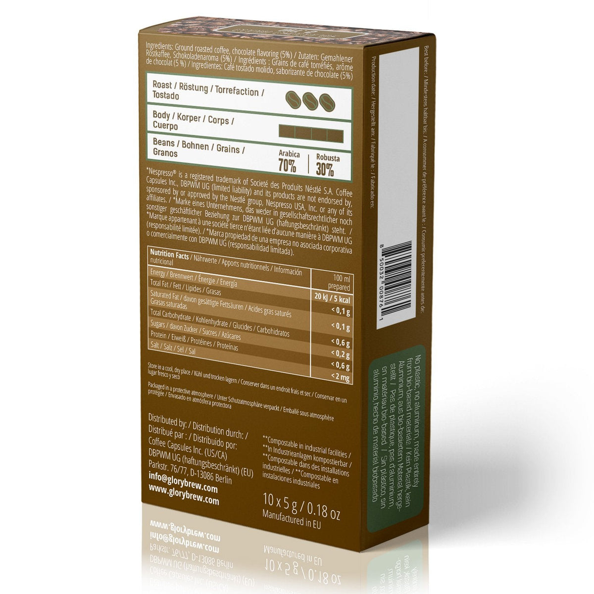 გლორიბრუ ქაუნთ შოკოლადი - ბიოდეგრადირებადი კაფსულები