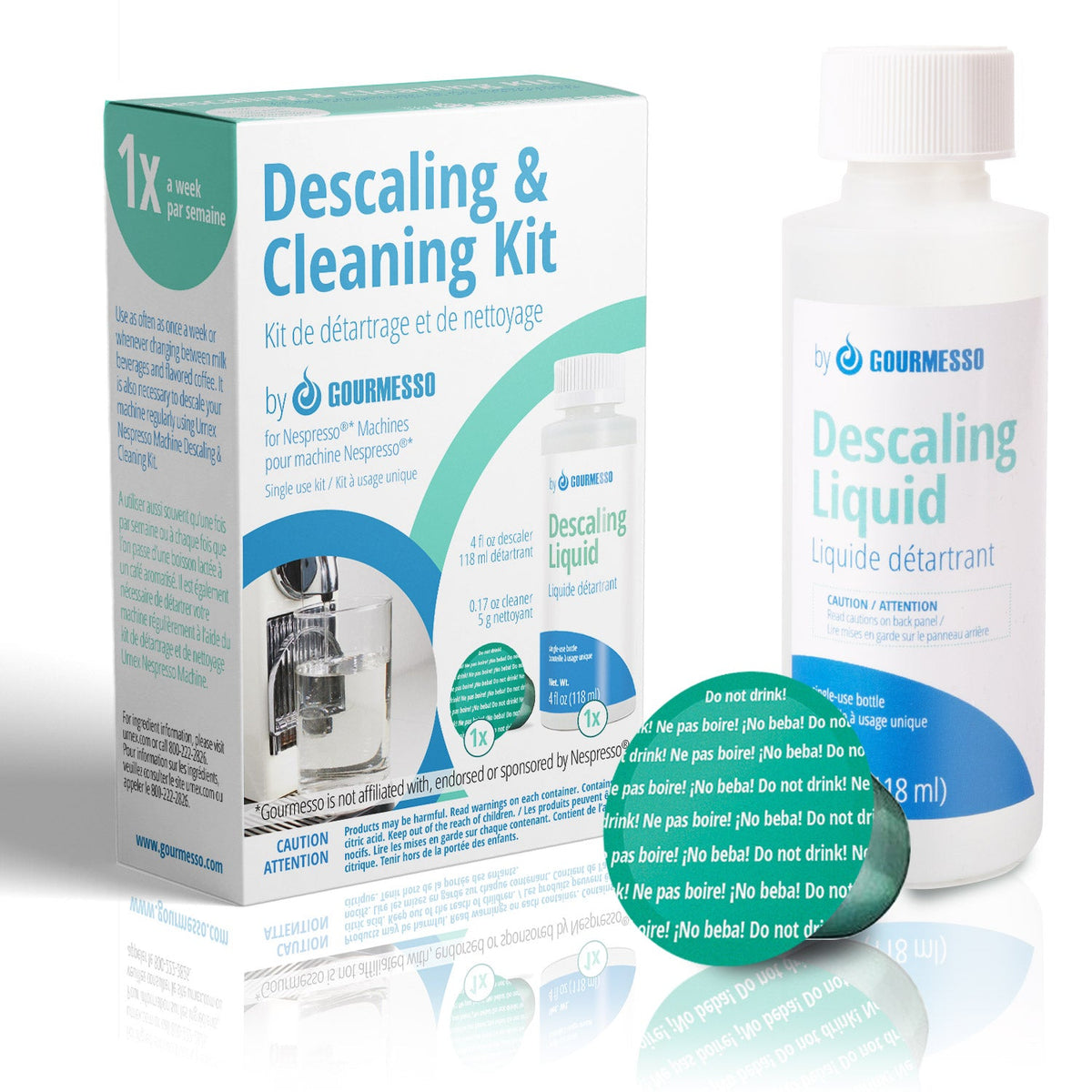 გურმესო - საწმენდი საშუალებების ნაკრები - კალკის საწინააღმდეგო ხსნარი + საწმენდი კაფსულა - ნესპრესოს ორიგინალი და 37 მმ დიამეტრი კაფსულის ყავის აპარატებისთვის
